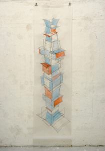 Turm in Blau und Rot, Graphit und Aquarellstift auf Papier, 199 x 55 cm, 2008