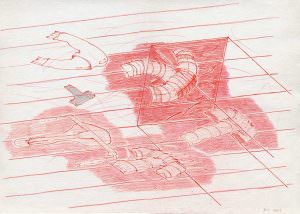 Flugobjekte, rote Tusche und Farbstift auf Papier, 30 x 42 cm, 2006